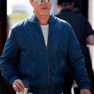 F1 The Movie 2025 Brad Pitt Blue Suede Bomber Jacket