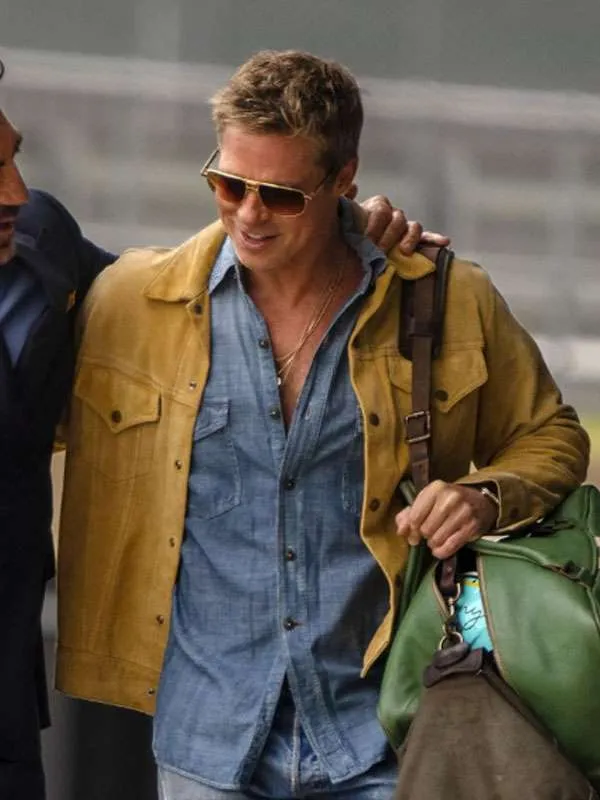 Model wearing f1 the movie 2025 brad pitt suede leather jacket