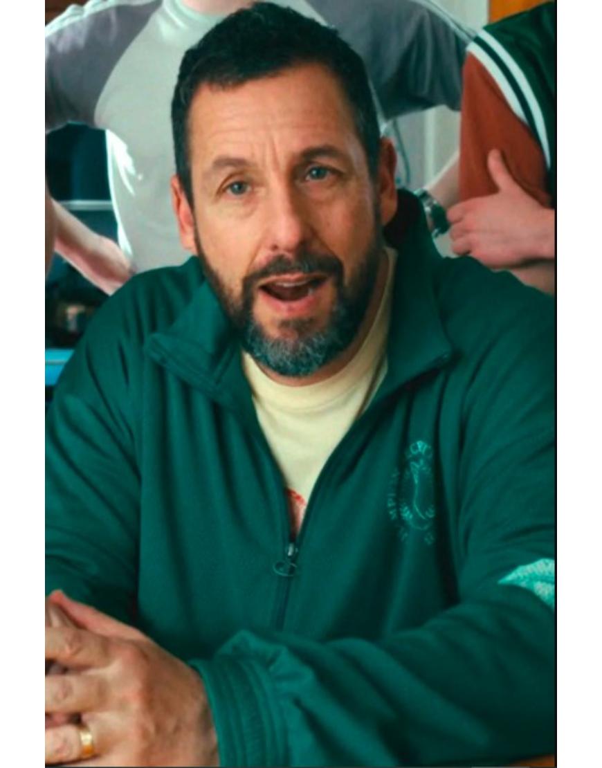 Model wearing adam sandler happy gilmore 2 green jacket