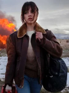Hurry up tomorrow 2025 jenna ortega brown leather jacket front view