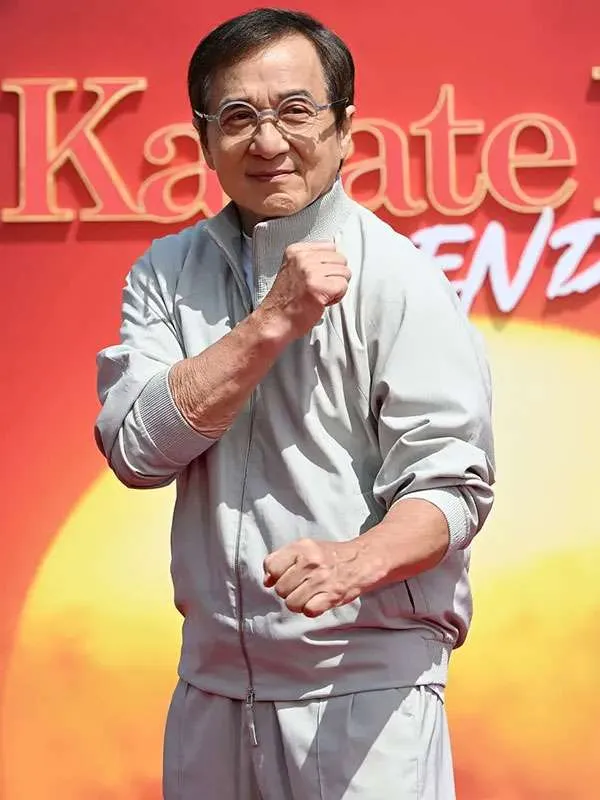 Model wearing karate kid legends photocall jackie chan jacket