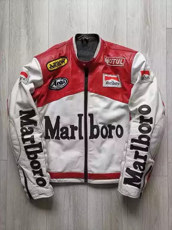 Marlboro vintage leather biker jacket front view