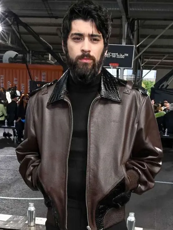 Zayn malik nyfw 2025 brown leather jacket front view