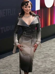 Jenna ortega tudum 2025 leather coat front view
