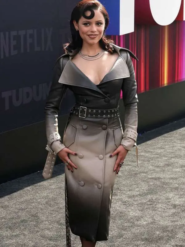 Jenna ortega tudum 2025 leather coat front view