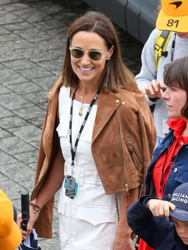 F1 pippa middleton brown leather jacket front view