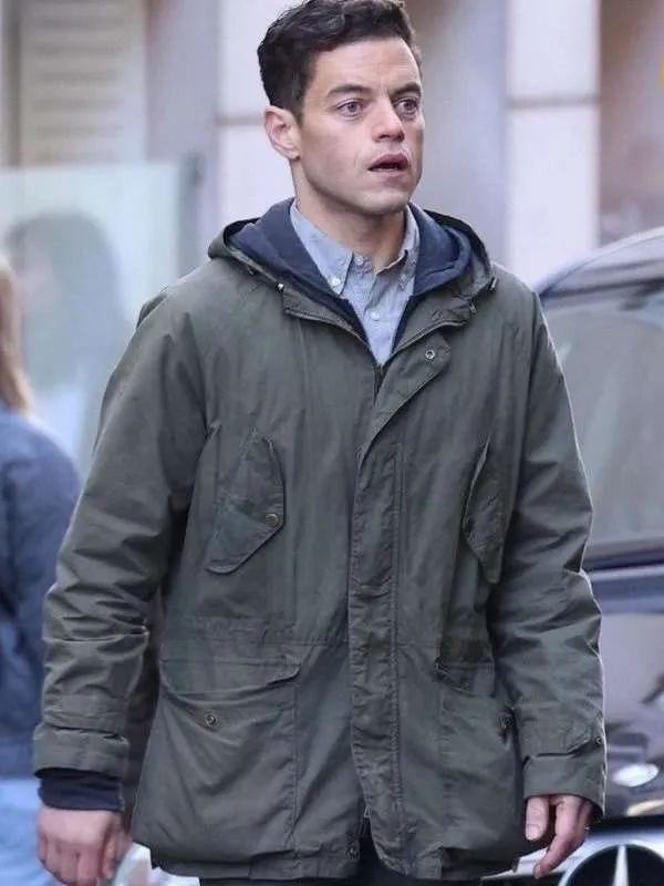 Model wearing the amateur 2025 rami malek green hooded jacket