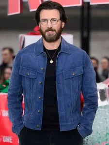 Chris evans red one movie event suede leather jacket front view