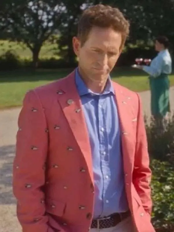 Model wearing ethan corbin sirens 2025 duck print blazer
