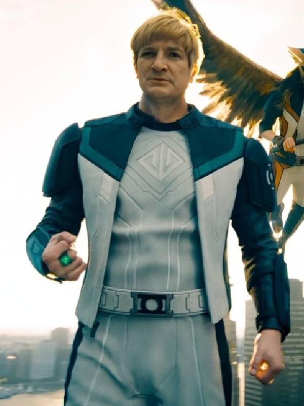 Model wearing superman 2025 green lantern jacket