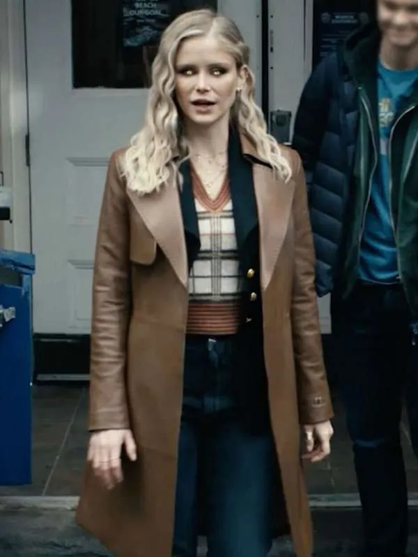 Model wearing the boys s04 annie january leather coat