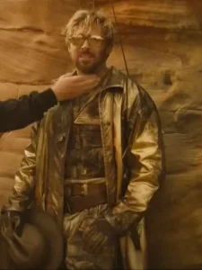 Model wearing the fall guy 2024 ryan gosling golden coat