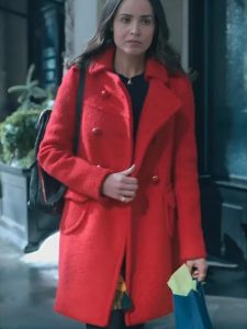 Model Wearing the life list 2025 sofia carson red double breasted peacoat