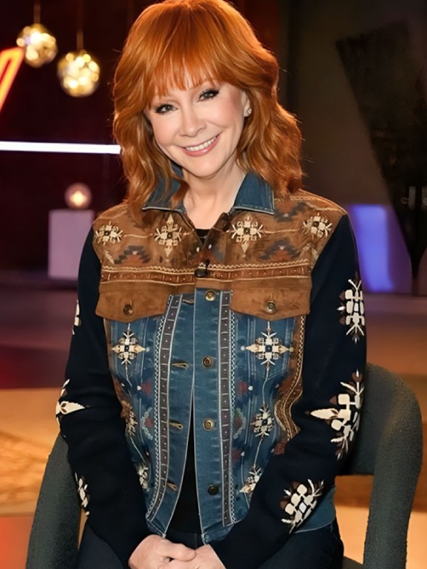 Model wearing the voice s26 reba embroidered jacket