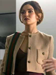 Model wearing the waterfront 2025 danielle campbell cropped jacket