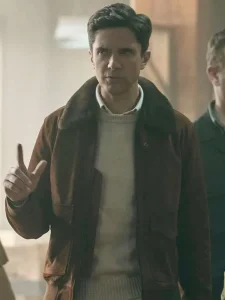 Topher grace the waterfront s01 shearling brown jacket front view