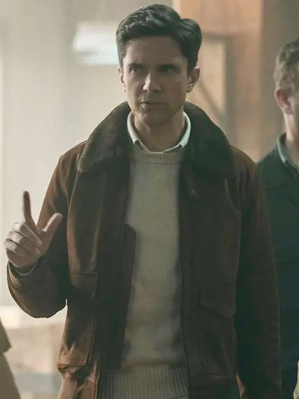 Topher grace the waterfront s01 shearling brown jacket front view