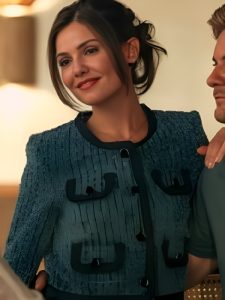 Model wearing the waterfront danielle campbell blue cropped jacket