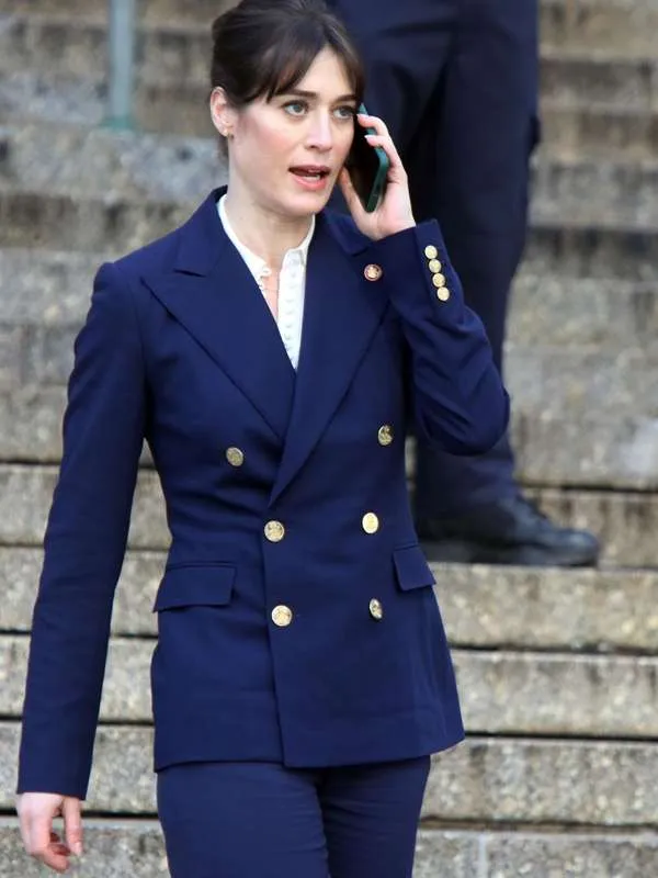 Model wearing zero day 2025 lizzy caplan blue blazer