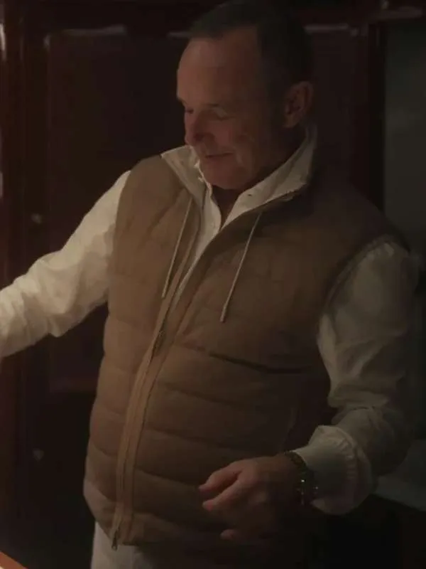 Model wearing clark gregg zero day s01 brown puffer vest