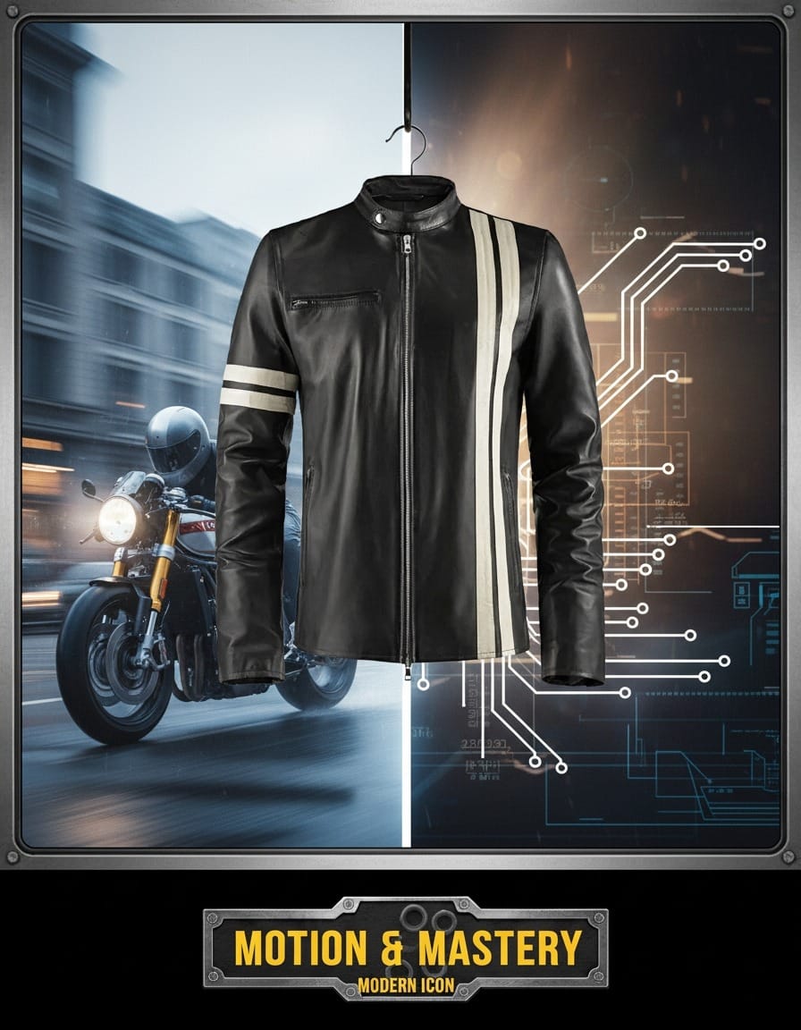Read more about the article The Balance of Motion and Mastery – How the Black Leather Jacket With White Stripes Became a Modern Icon