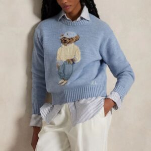 Ralph Lauren Sky Blue Polo Bear Knit Sweater Front View
